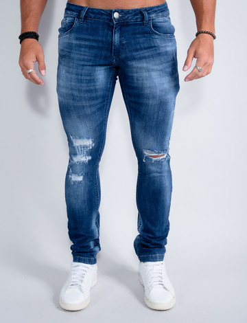 Calça Jeans Reta Com Recortes Bolso Frontal Atacado Masculina Revanche Adilson Azul 