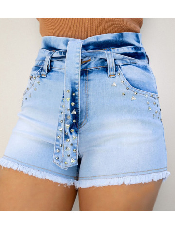 Shorts Jeans Com Cós Duplo e Bordado De Pedraria Atacado Feminina Revanche Unica