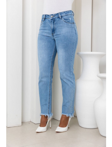 Calça Jeans Fit Reta Com Barra Assimétrica e Desfiada Atacado Feminina Revanche Salamina Azul