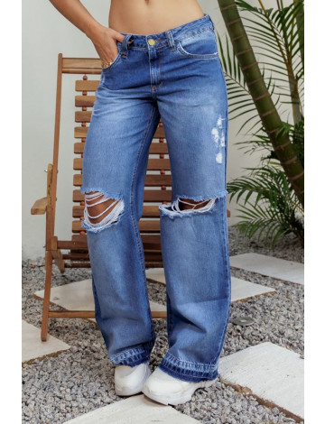 Calça jeans wide leg com barra desmanchada atacado feminina Revanche Envira Azul