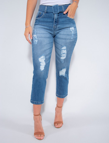 Calça Jeans Atacado Cropped Mom Feminina Revanche Margery Azul Frente