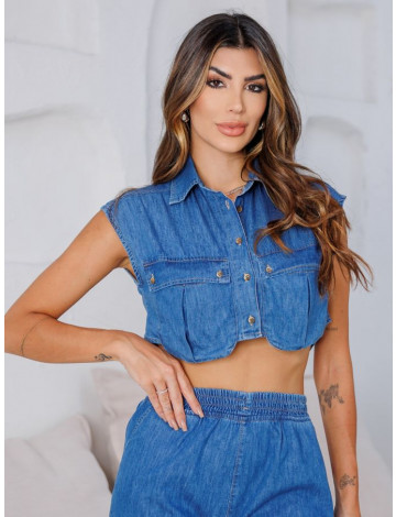 Camisa Cropped Jeans com Bolsos Atacado Feminina Revanche Andirá