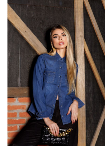 Camisa Jeans Com Pence e Bolso Lapela Atacado Feminina Revanche Roseira