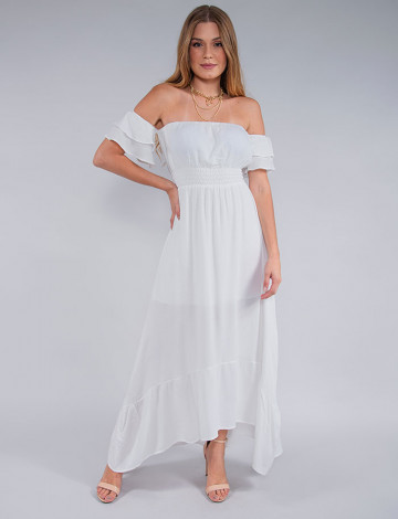 Vestido Atacado Longo Feminino Revanche Simona Off White Frente