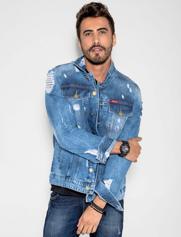 jaqueta jeans destroyed masculino