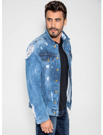 jaqueta jeans destroyed masculino