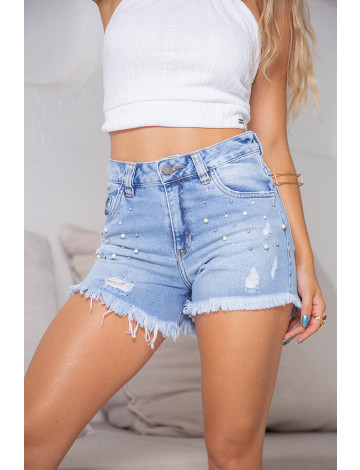 Shorts Jeans Com Apliques De Pérolas e Barra Desfiada Atacado Feminino Revanche Lovaina Unica 