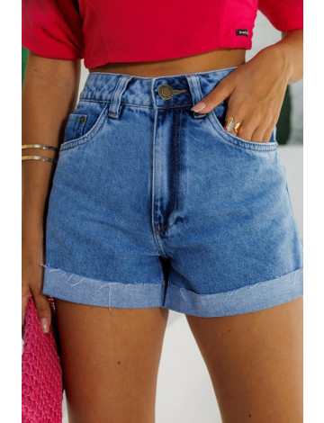 Shorts Jeans Mom Barra A Fio Atacado Feminina Revanche Terjola Azul