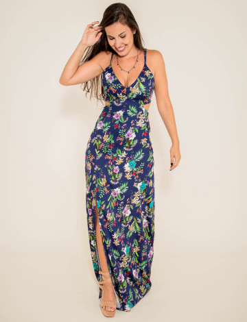 Vestido Atacado Floral Longo Feminino Revanche Tallen azul frente