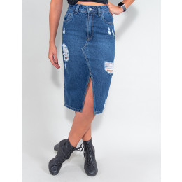 Saia Jeans Atacado Longuete Feminina Revanche Beals Azul Frente