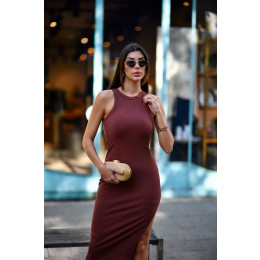 Vestido Midi Canelado Com Fenda Atacado Feminino Revanche Lizarda Verde Militar